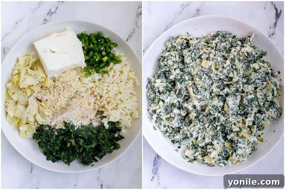 A bowl filled with the creamy, vibrant spinach and artichoke stuffing mixture.