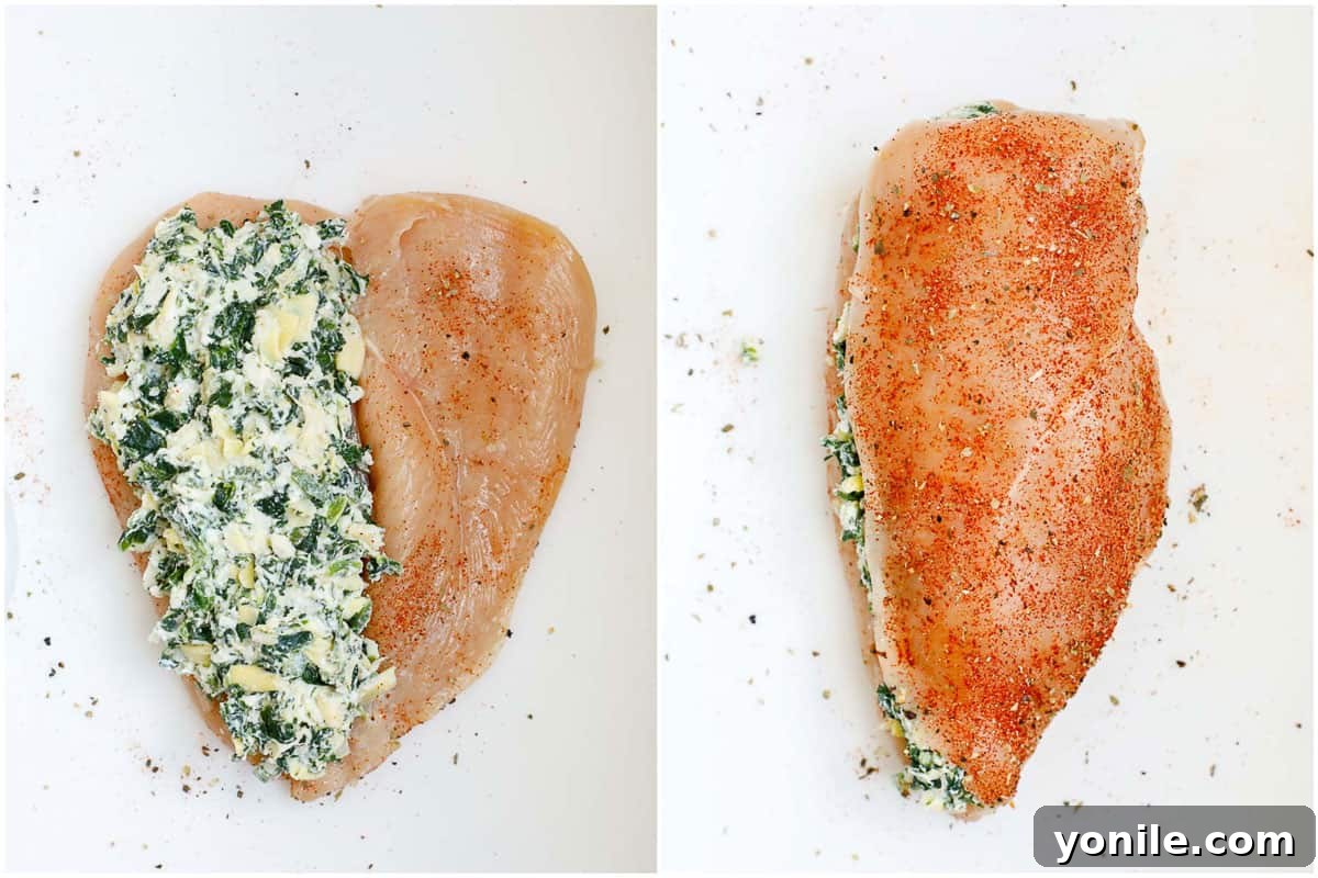 Hands carefully stuffing a chicken breast with the creamy spinach and artichoke filling.