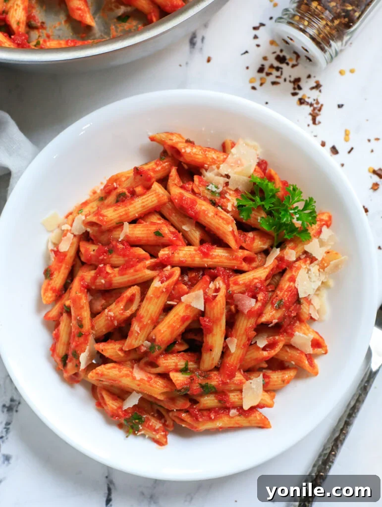 A top-down shot of a bowl of Spicy Arrabbiata Pasta, garnished with fresh parsley.