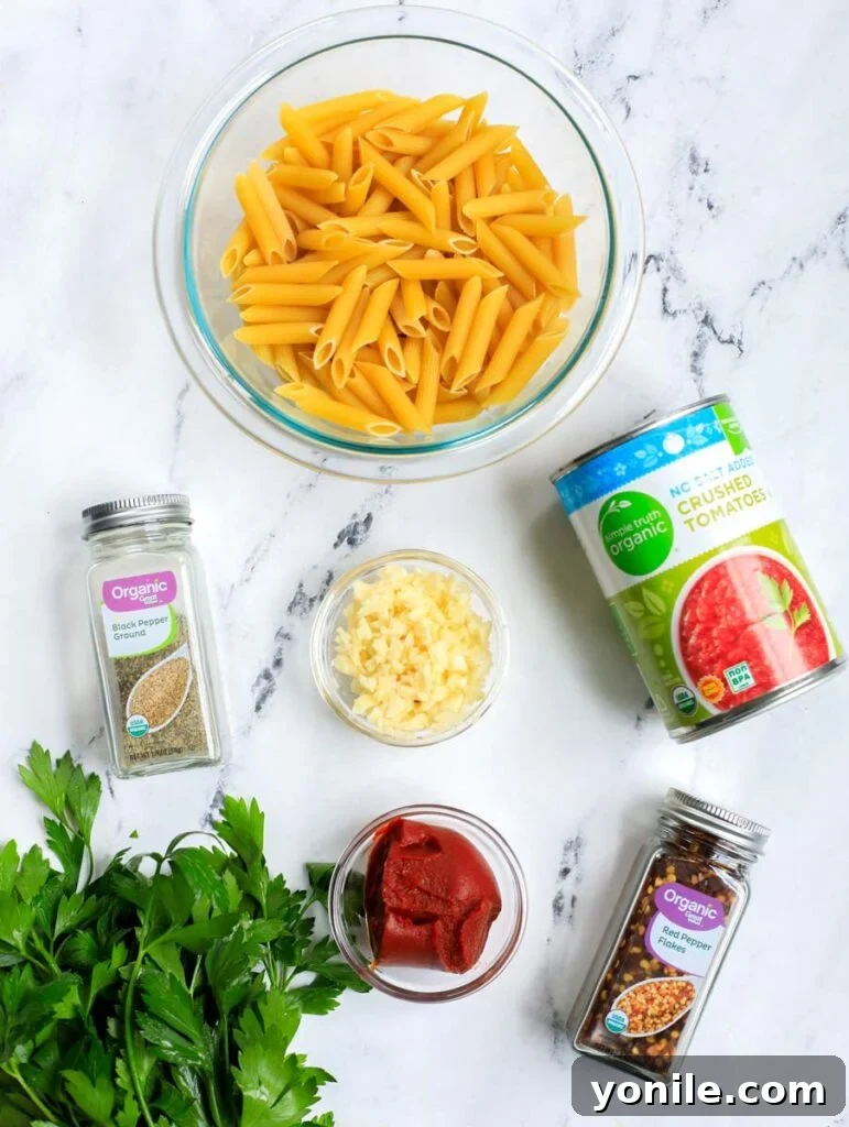 A selection of fresh ingredients including penne pasta, tomatoes, garlic, olive oil, and chili flakes laid out on a wooden surface.