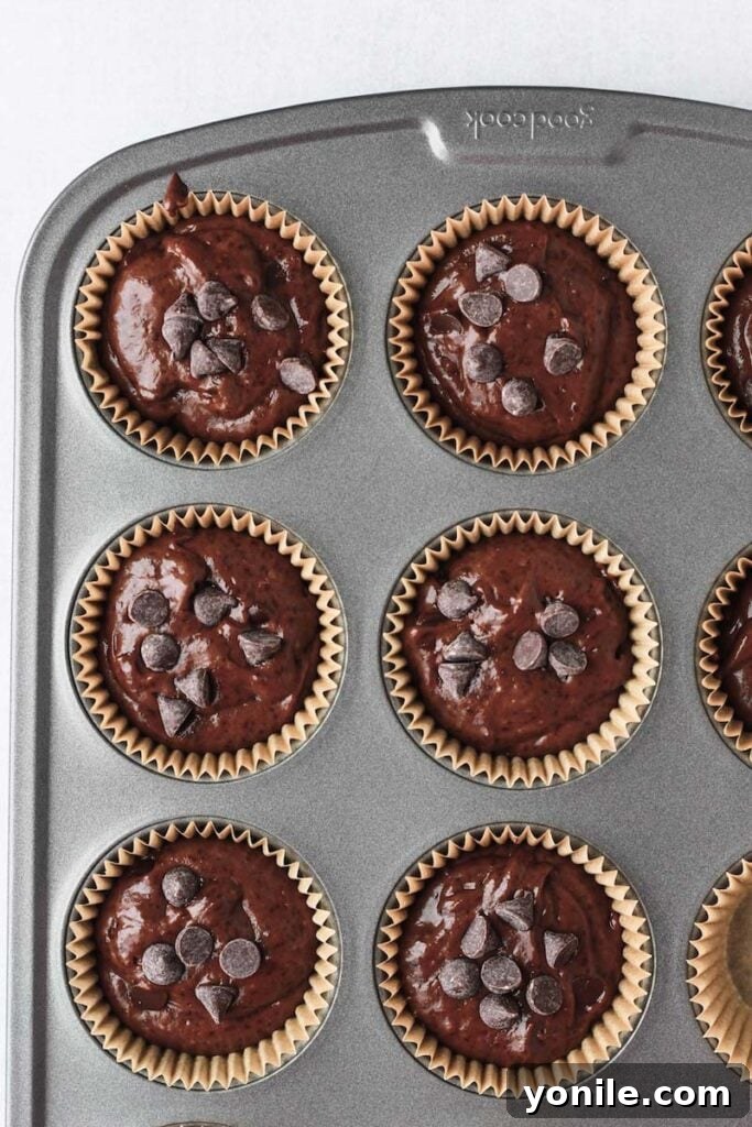 Double chocolate chip muffins before baking. 
