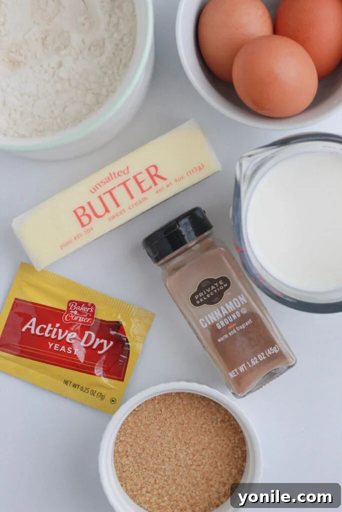 All the essential ingredients neatly laid out for making delicious cinnamon babka.