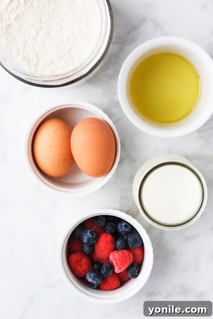 Ingredients needed for the best crepe recipe, neatly arranged on a counter.