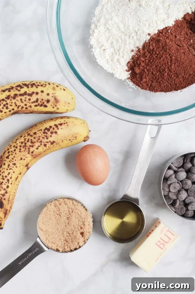 A curated display of all the essential ingredients for baking chocolate banana bread, neatly arranged for preparation.