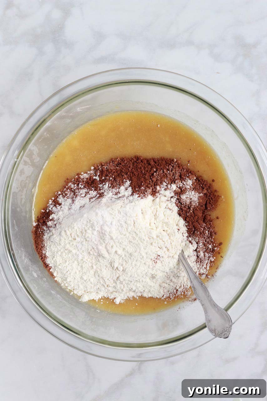 Dry ingredients for chocolate banana bread mixed in a bowl before wet ingredients are added.