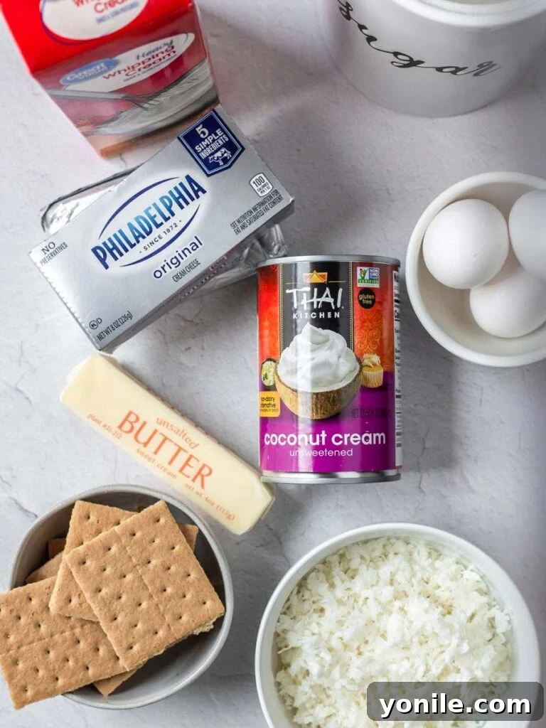all ingredients for the coconut cheesecake bars neatly laid out on a kitchen counter