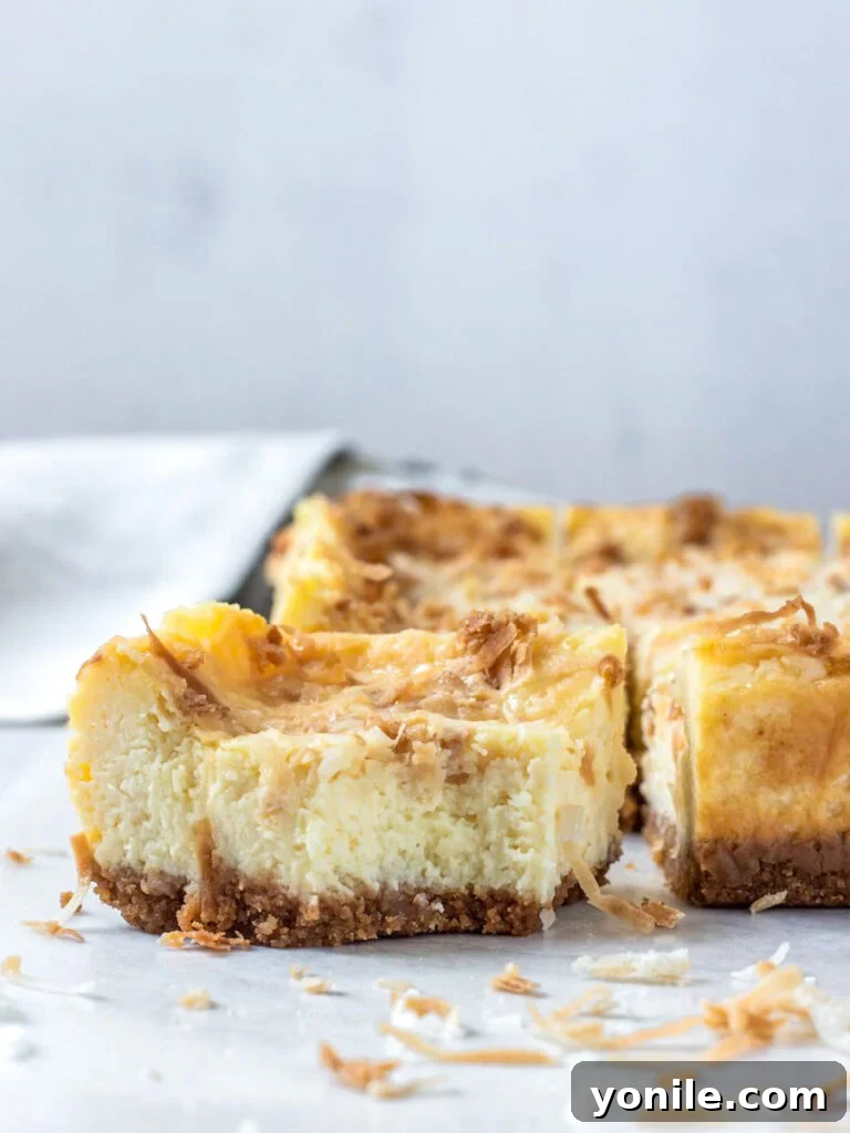 a single coconut cheesecake bar with a bite taken out, showing the rich, creamy interior and crunchy crust