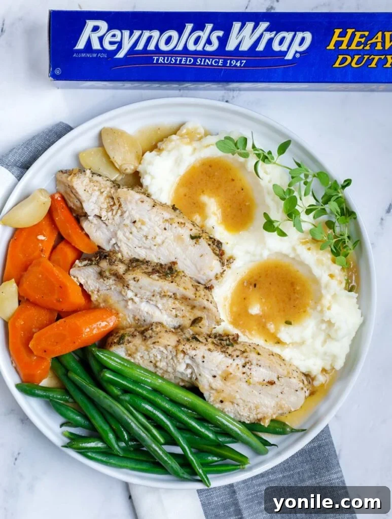 plate of turkey breast with vegetables and mashed potatoes