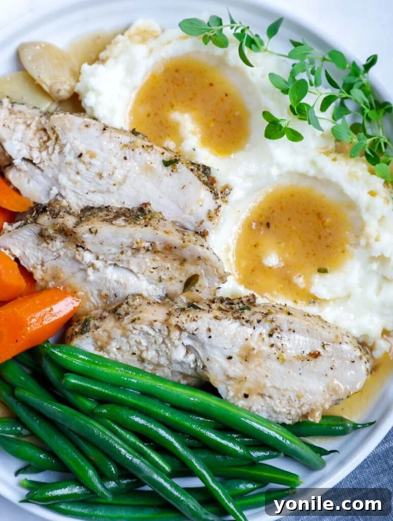 close up of sliced turkey breasts on a plate with sides