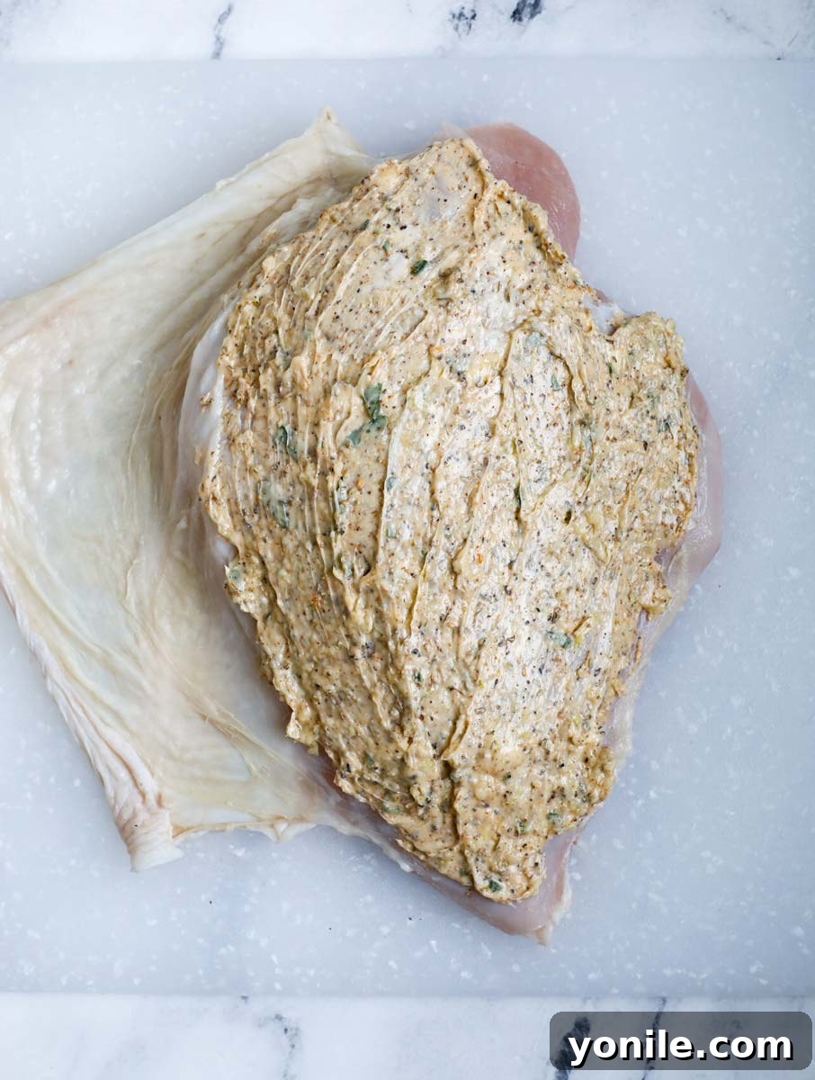 Spreading half the butter mixture onto the breast