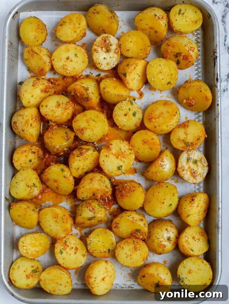 Crispy Oven Roasted Baby Potatoes 6 Top down shot of seasoned potatoes spread in a single layer on a parchment-lined sheet pan, ready for roasting.
