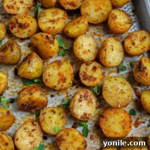 Crispy Oven Roasted Baby Potatoes 9 Top down shot of oven roasted baby potatoes on a sheet pan, garnished with fresh herbs.