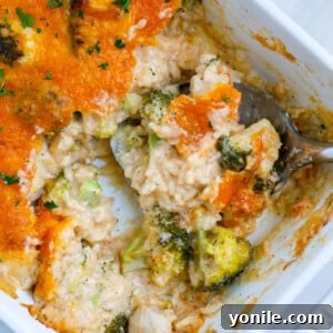 A white casserole dish with chicken broccoli and rice casserole topped with cheddar cheese on a white counter.