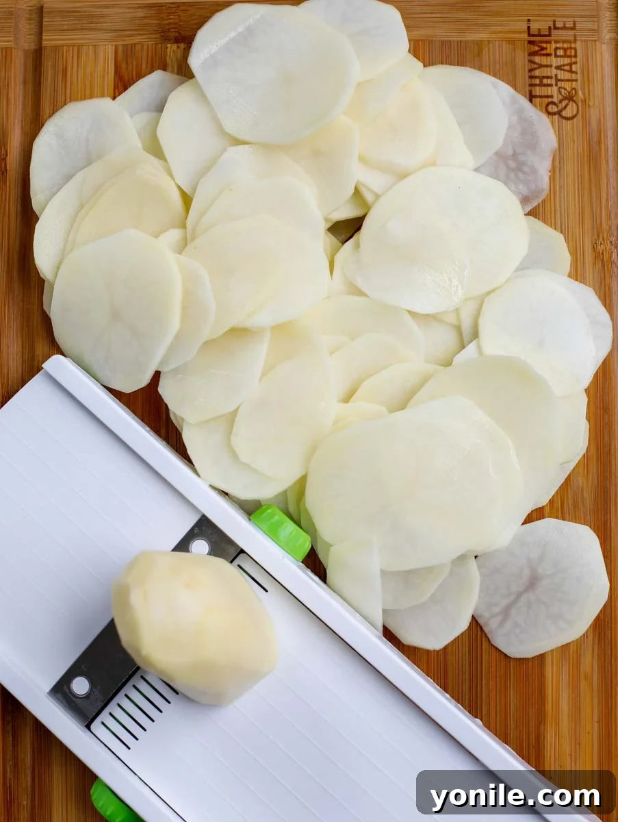Simple Cheesy Potato Bake 4 Top down shot of potato slices on a wood table.