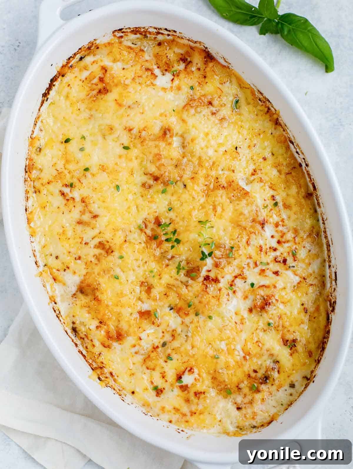 Simple Cheesy Potato Bake 9 Top down shot of the au gratin potatoes in a white dish.