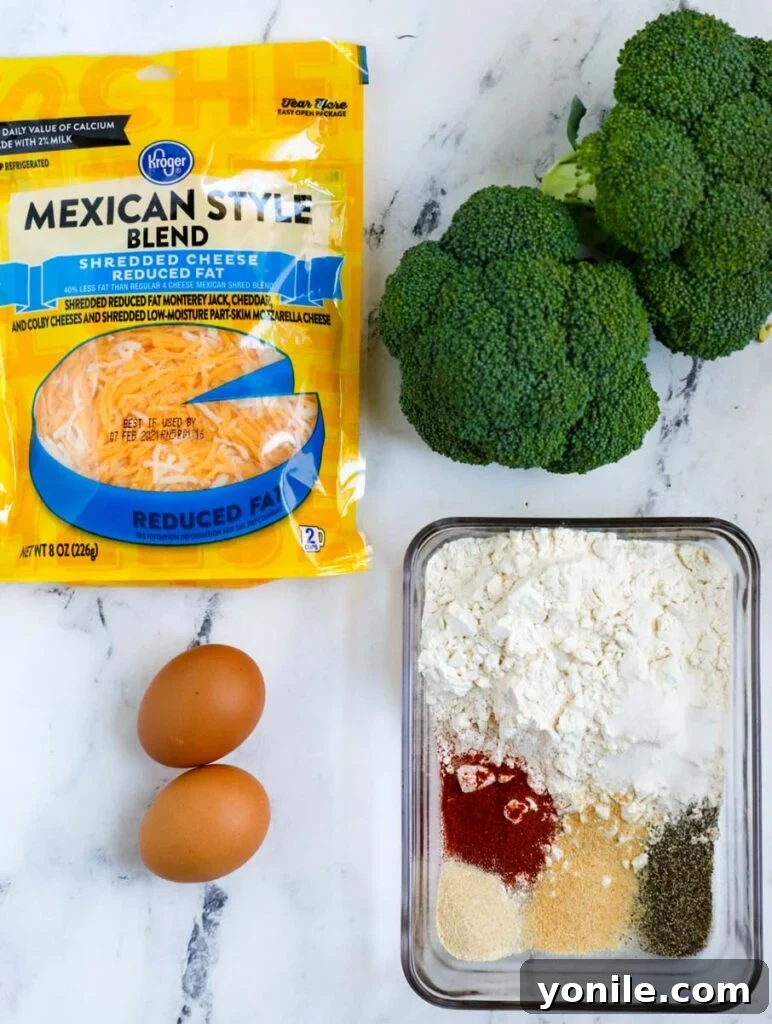 Golden Broccoli Cheese Poppers 3 Overhead shot of ingredients for cheesy broccoli bites.