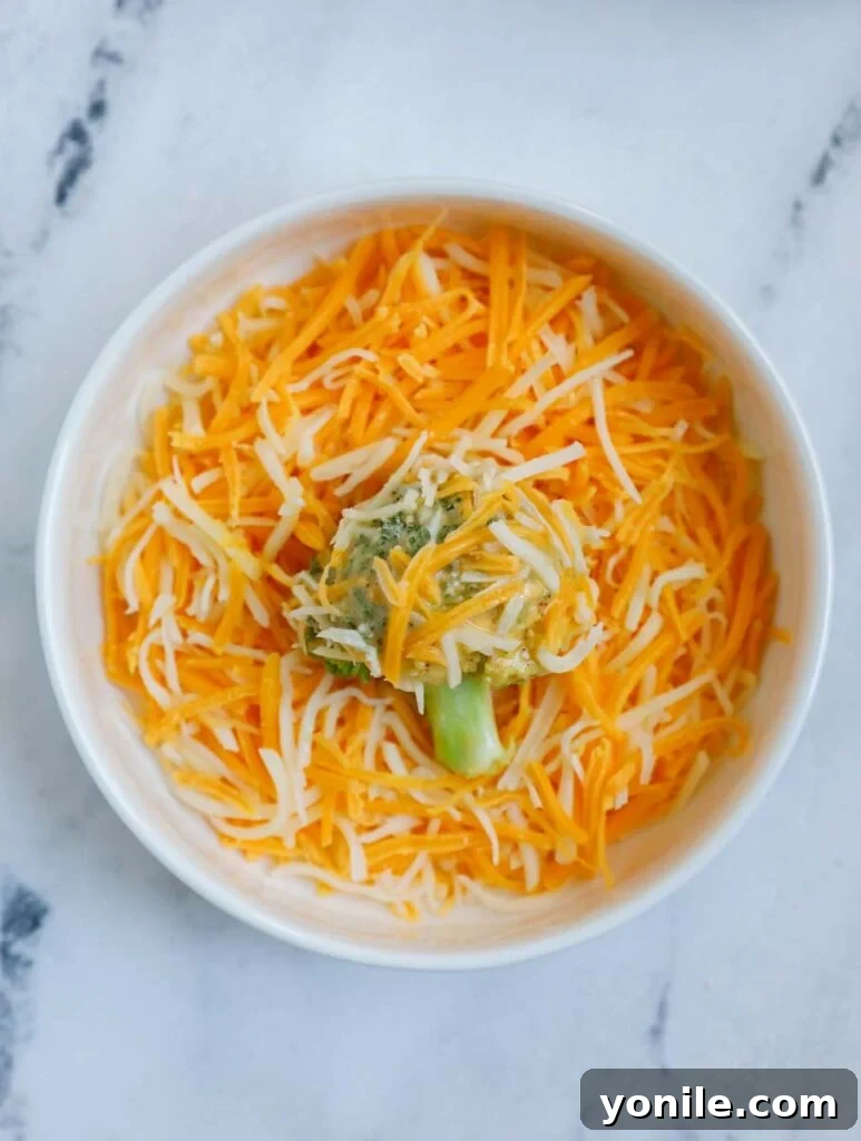 Golden Broccoli Cheese Poppers 6 Broccoli in a bowl of cheese.