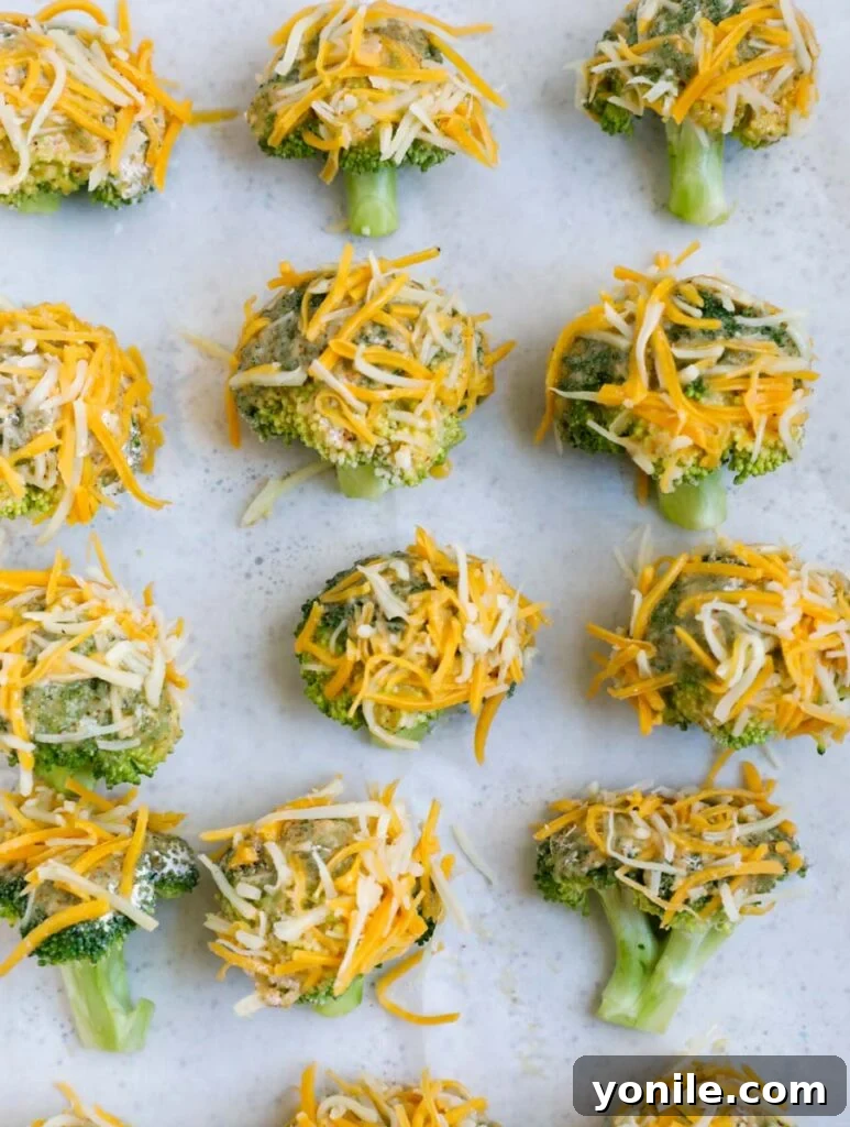 Golden Broccoli Cheese Poppers 7 Broccoli on a baking tray.