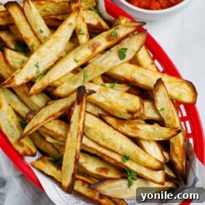 Top down shot of crispy sweet potato fries in a basket.