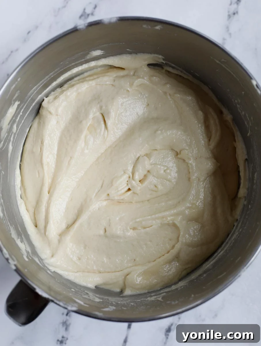The fully combined cake batter, appearing thick and smooth, ready for the addition of dried fruits.