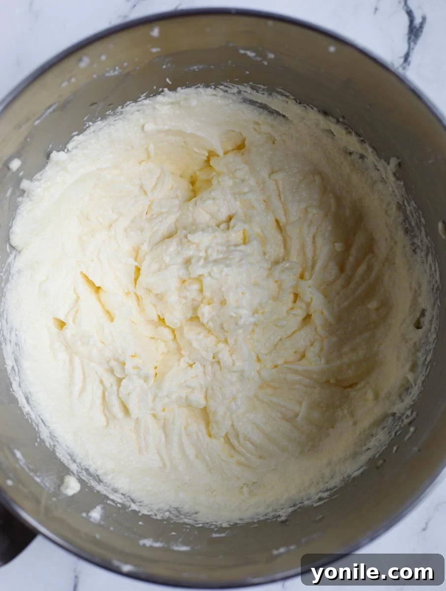 The butter, sugar, and egg mixture, beautifully whipped and emulsified, appearing light and airy in the bowl.