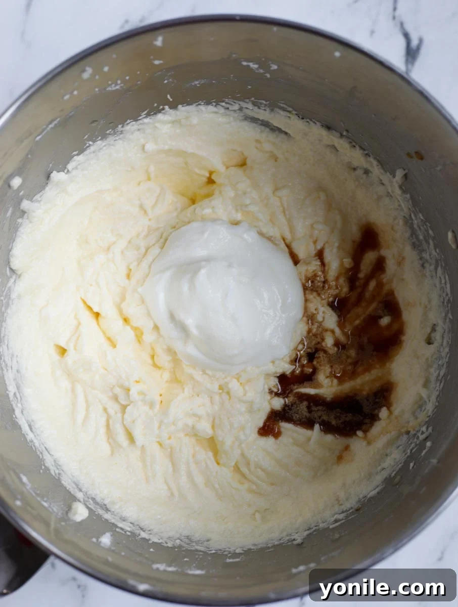 Yogurt and vanilla extract being gently added to the creamy cake batter in a mixing bowl.
