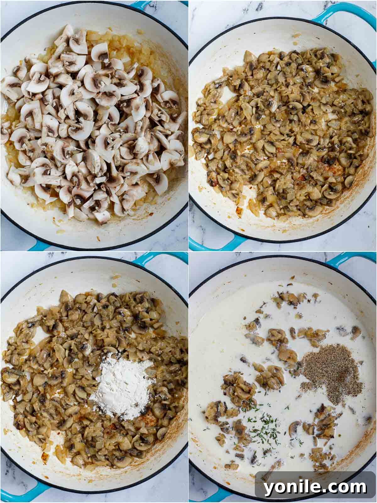 Creamy mushroom sauce simmering gently in a pan, thickening to a perfect consistency for the green bean casserole.