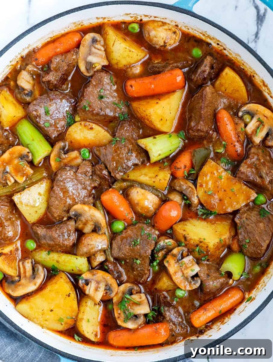 Overhead view of homemade oven beef stew recipe in a cast iron skillet.
