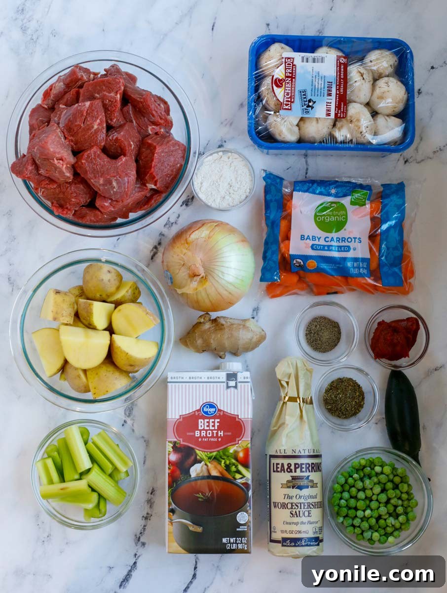 Ingredients for homemade oven beef stew recipe.