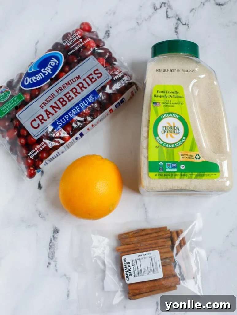 A flat lay photograph of all the raw ingredients needed for homemade cranberry sauce: fresh cranberries, oranges, sugar, and a cinnamon stick, neatly arranged on a rustic wooden surface.
