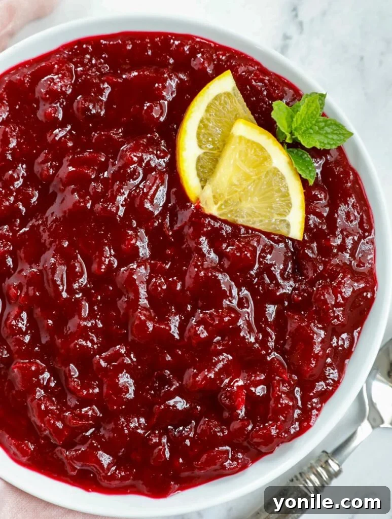 Top-down view of homemade cranberry sauce served in a pristine white dish, garnished with fresh cranberries and a sprig of rosemary, ready to be enjoyed.