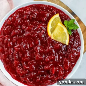 Top-down view of homemade cranberry sauce served in a white dish