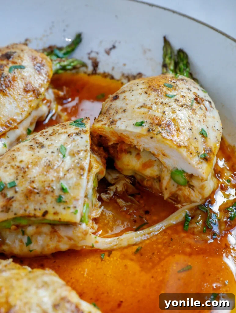 Asparagus stuffed chicken cut n half. 