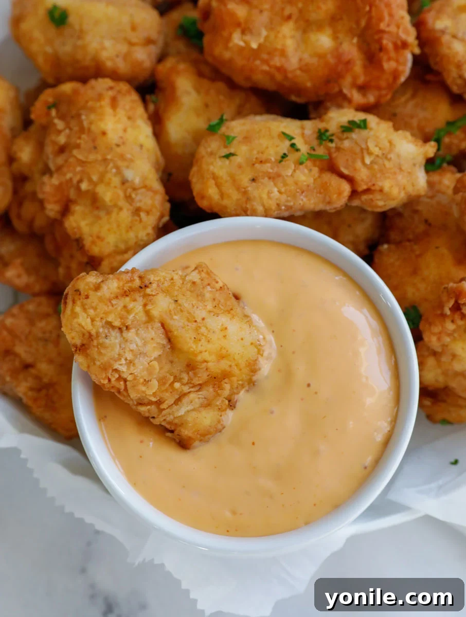 Homemade Chicken Nuggets: Crispy, Juicy, Perfect 6 Homemade chicken nuggets dipped in a creamy sauce, showcasing their golden crispiness.