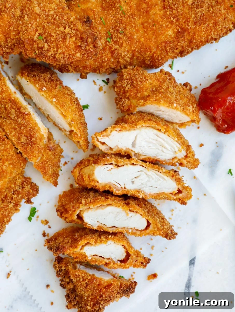 perfectly baked crispy chicken tenders, sliced to reveal their moist, white flesh