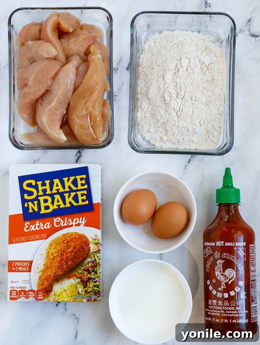 A top-down view showcasing all the fresh ingredients meticulously laid out for preparing crispy chicken tenders.
