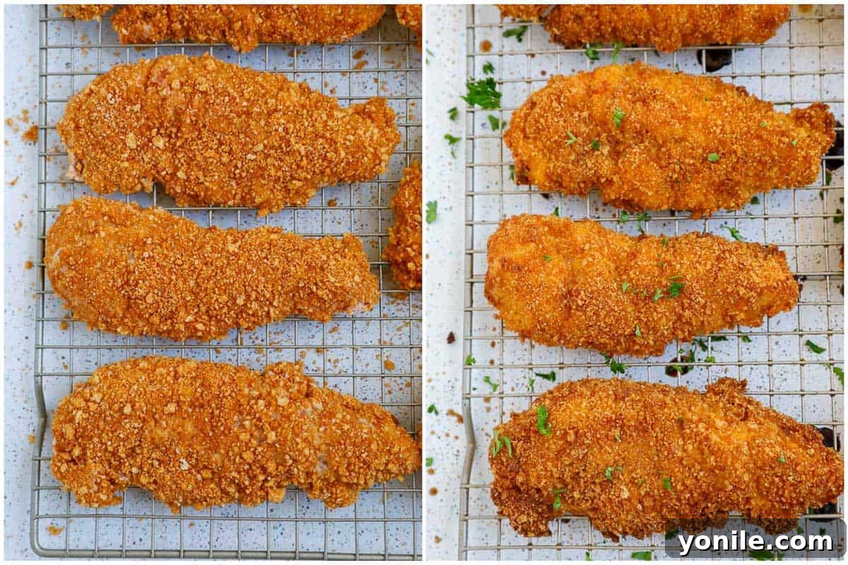 Side-by-side comparison of chicken tenders before and after baking, highlighting the transformation to golden crispiness.