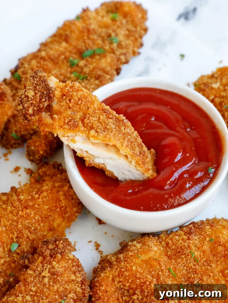 A crispy baked chicken tender being dipped into a dollop of rich red ketchup.