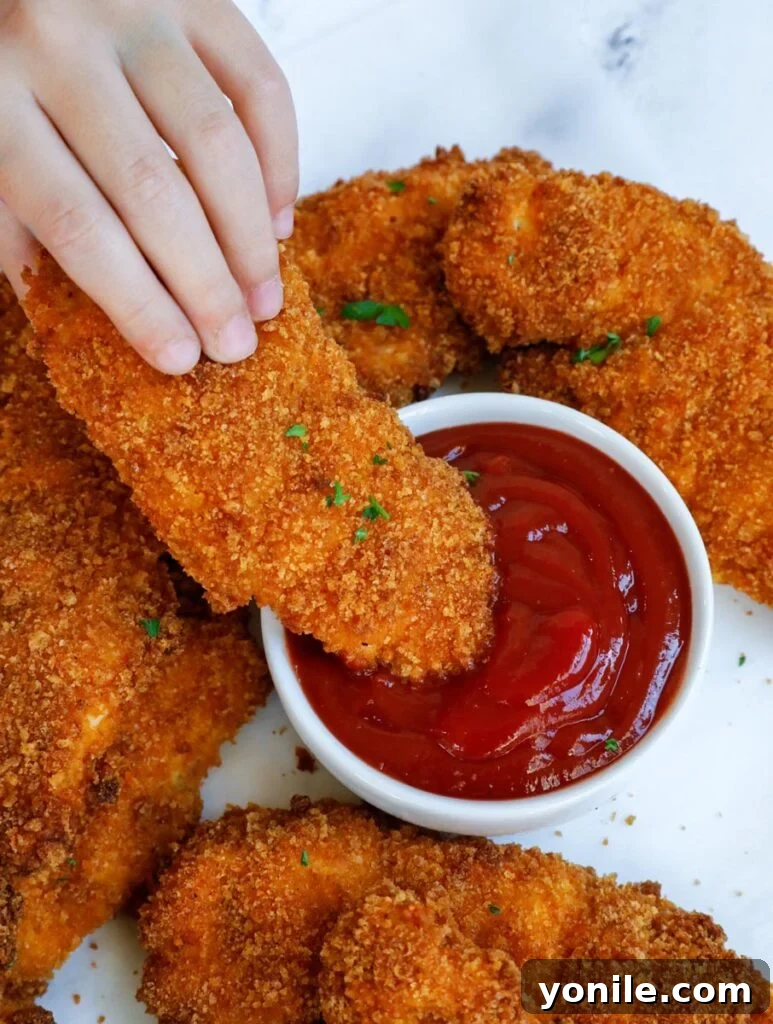 Crispy chicken tenders being generously dipped into a bowl of vibrant red ketchup.