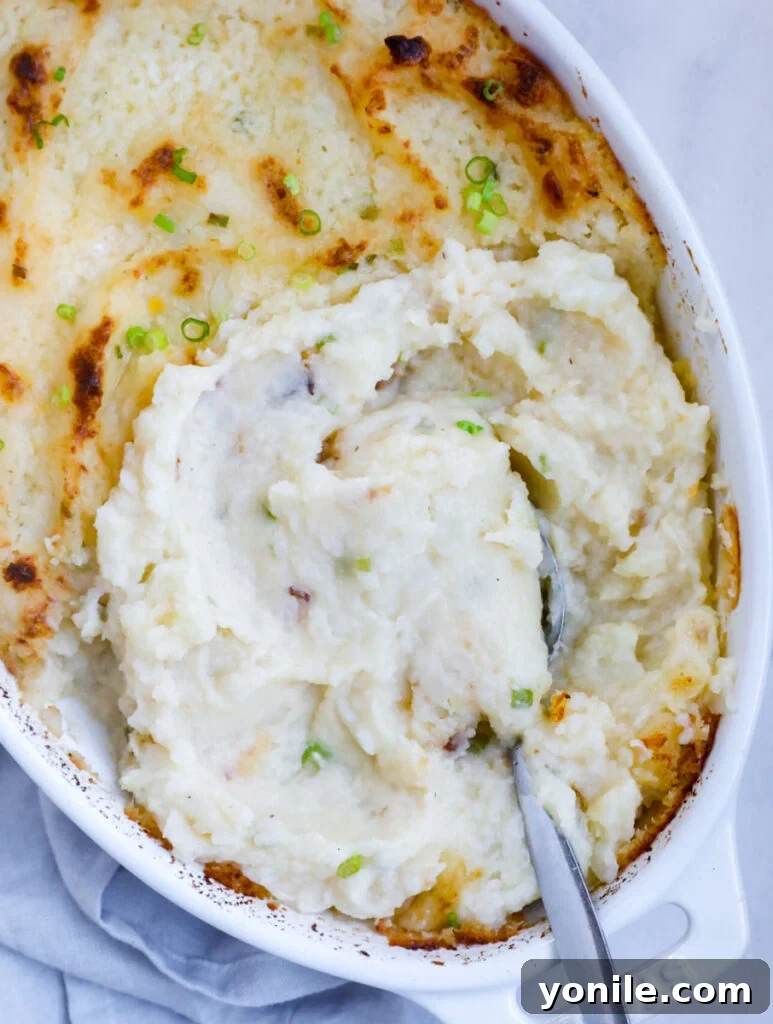 Top down view of garlic mashed potatoes in a dish.