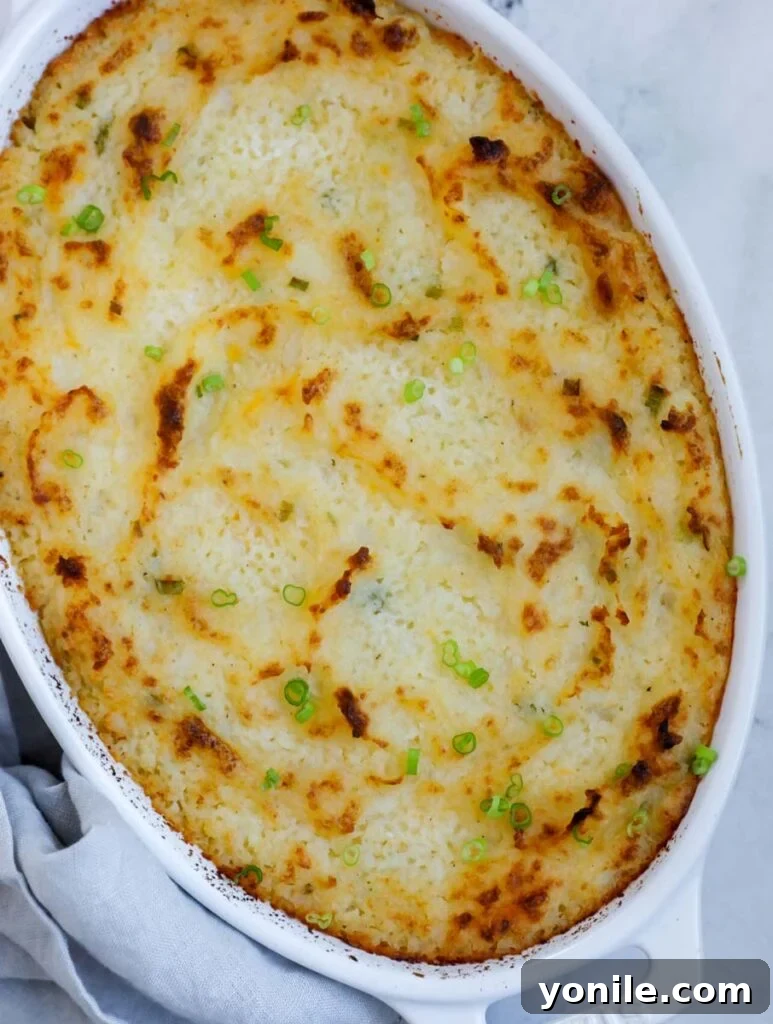 Top down shot of garlic mashed potatoes in a baking dish.