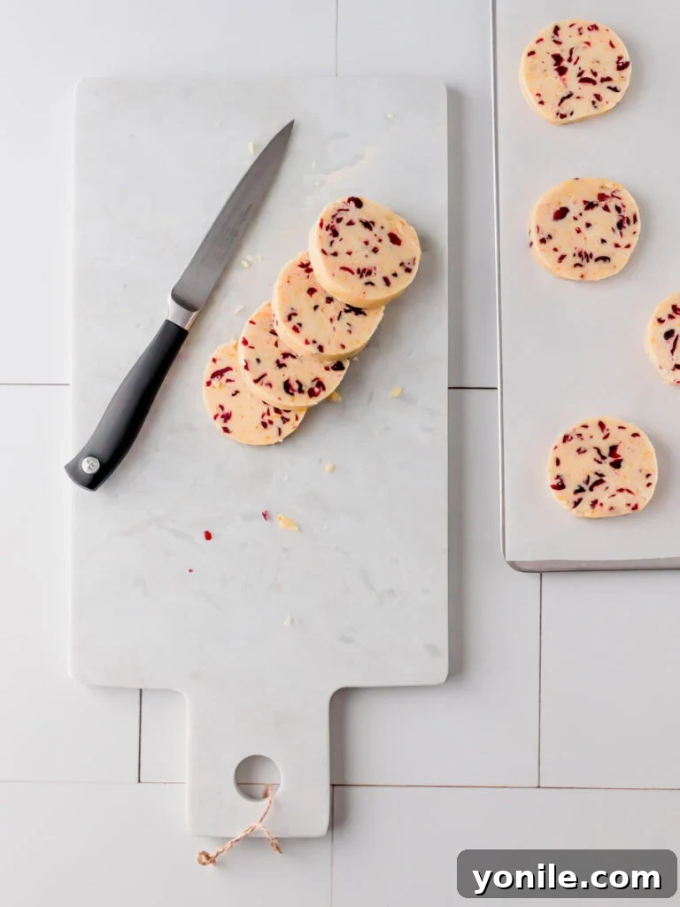 Zesty Cranberry Orange Butter Cookies 6 Overhead view of a chilled log of cookie dough being cut into uniform slices.
