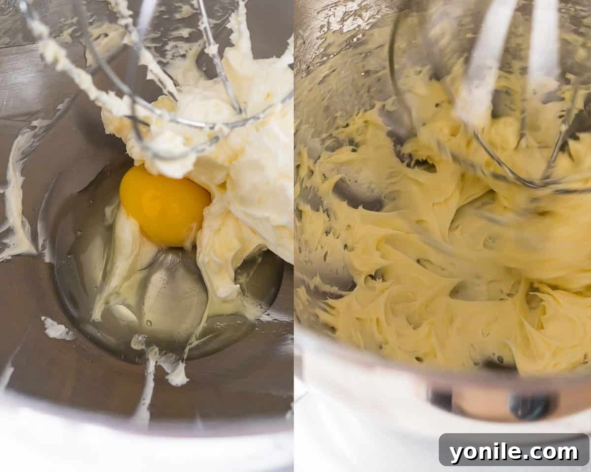 sugar and egg being whipped up in a bowl in a stand mixer