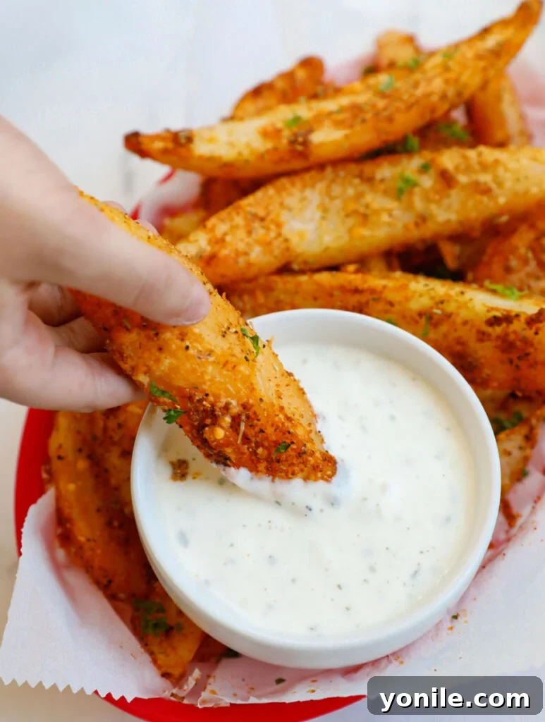 A hand dipping a perfectly golden and crispy potato wedge into a creamy white sauce, highlighting its delicious texture and inviting appearance.
