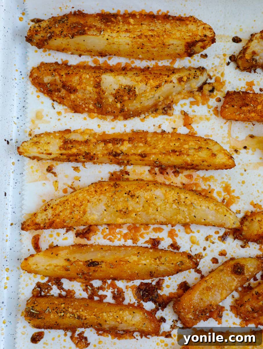 Crispy golden-brown potato wedges fresh out of the oven, piled on a baking sheet, showing their delicious texture.
