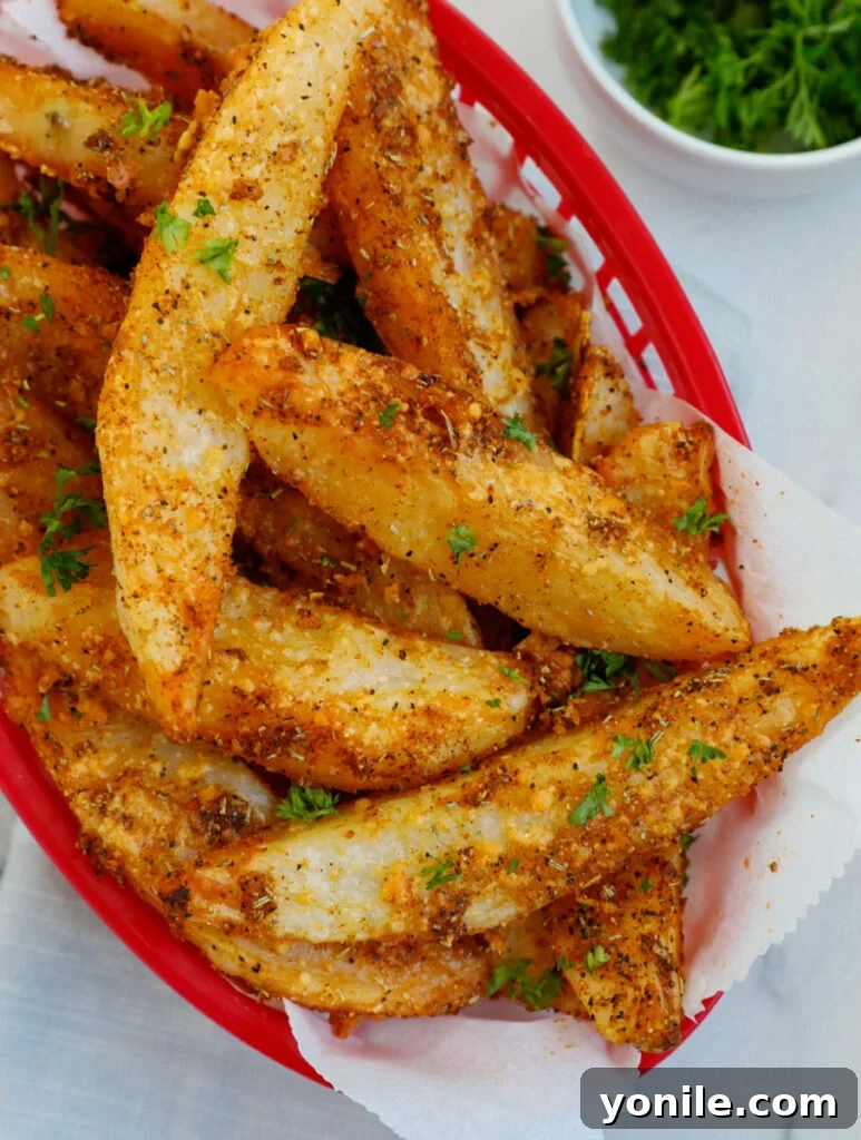 Close-up image of a pile of crispy baked potato wedges, showing their golden texture and fluffy interior, ready to be served.