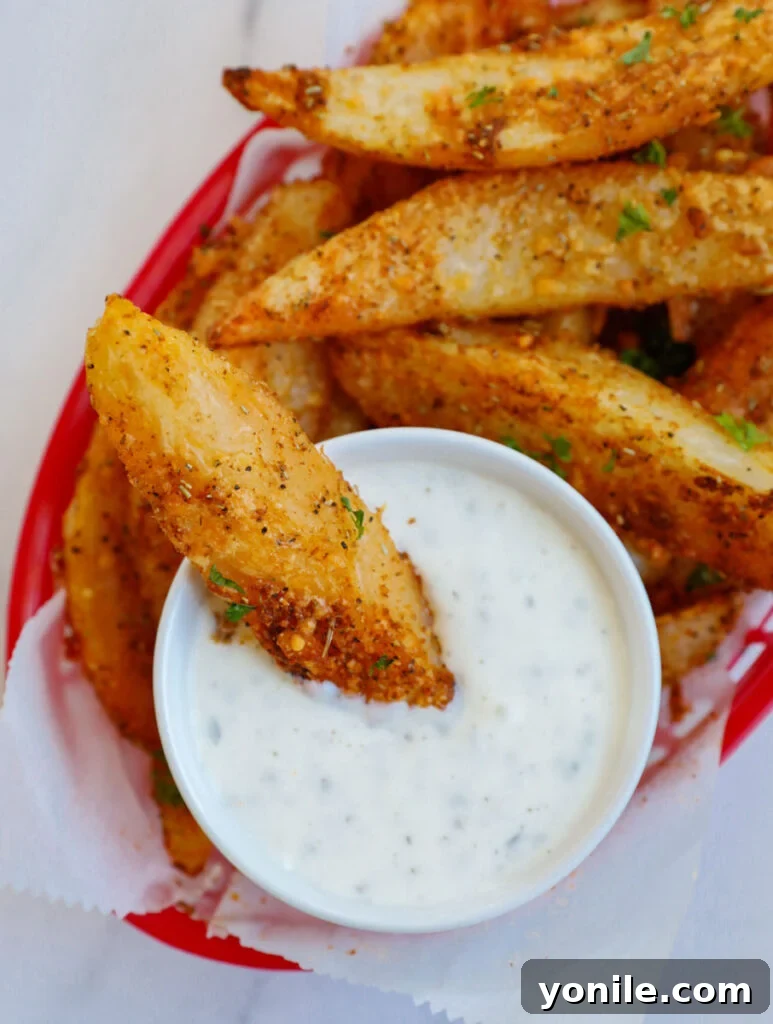 Crispy potato wedges arranged on a platter next to a small bowl of creamy white dipping sauce, garnished with fresh herbs.
