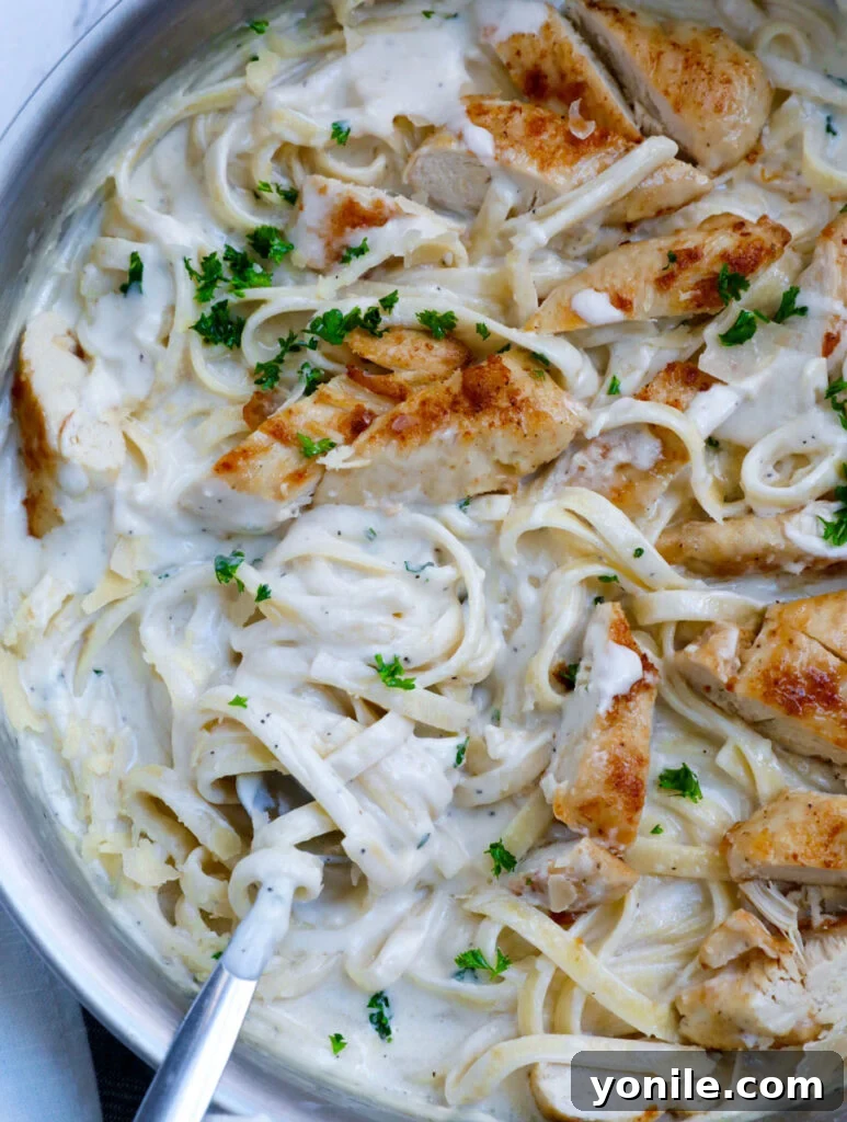 Top down shot of creamy chicken alfredo recipe in a pot.