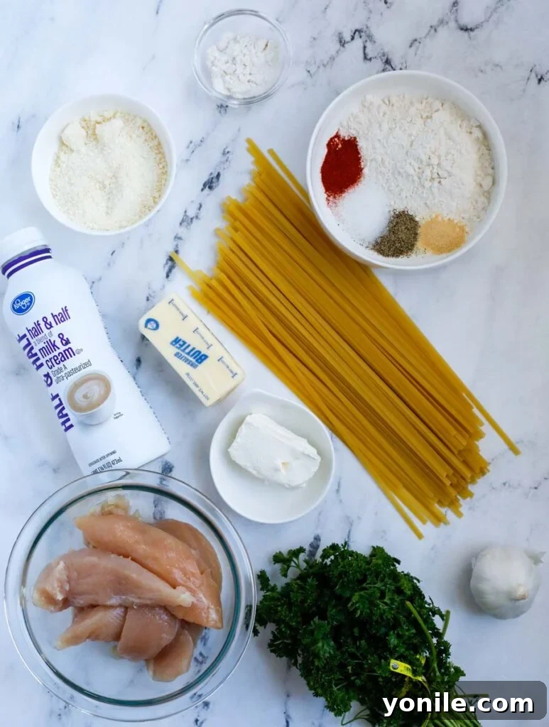 Top down view of alfredo ingredients. 