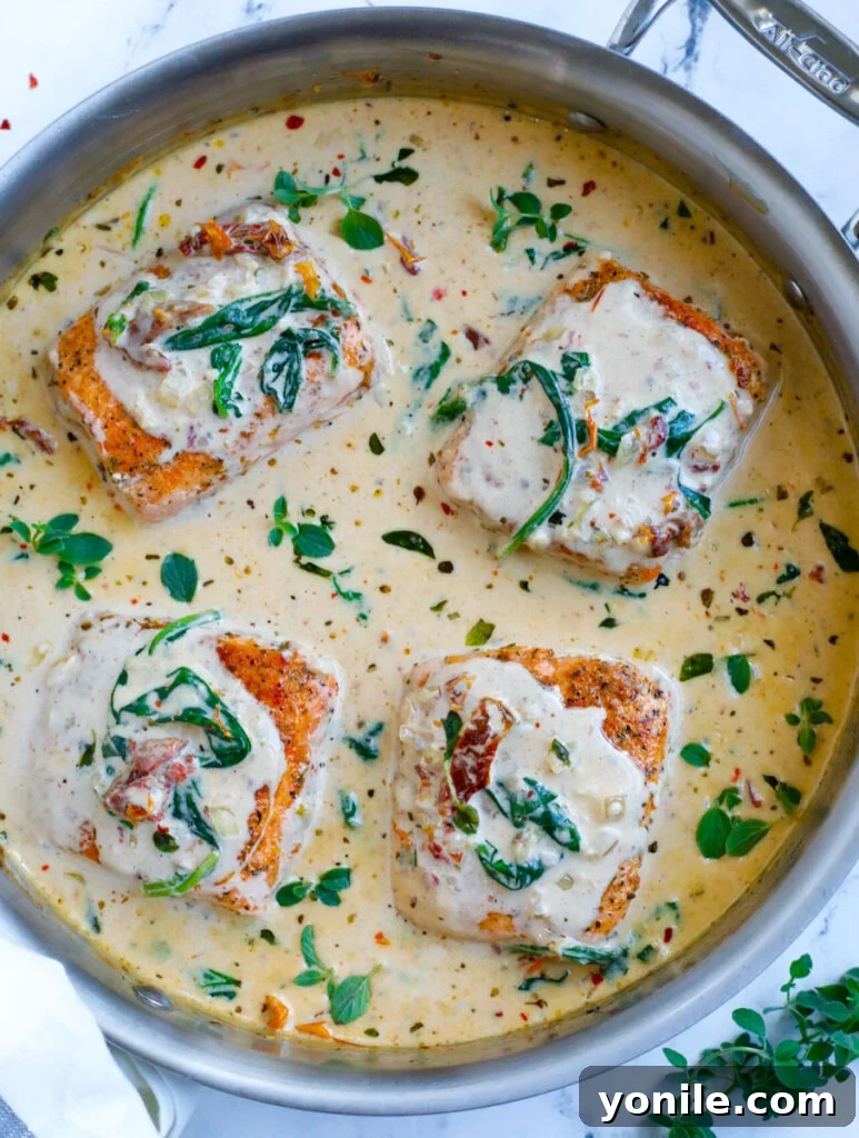 Top down view of creamy salmon in a silver pot, garnished and ready to serve.